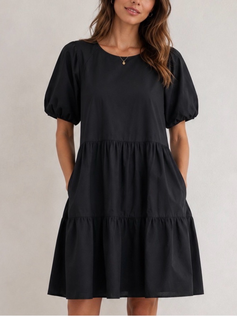 Everlane Black Tiered Puff-Sleeve women Dress Size L